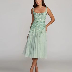 Green Beaded Sleeveless Scoop Neck Midi Dress