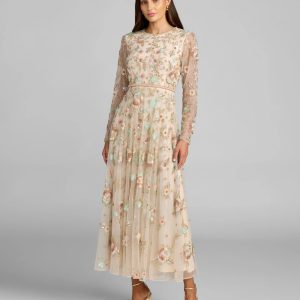 Beige Floral Embellished Long Sleeve Midi Dress