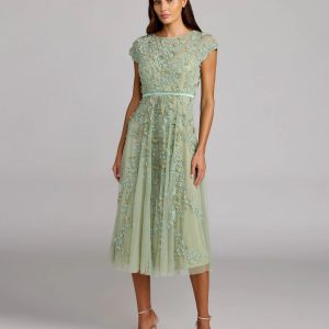 Green Floral Embellished Cap Sleeve Midi Dress