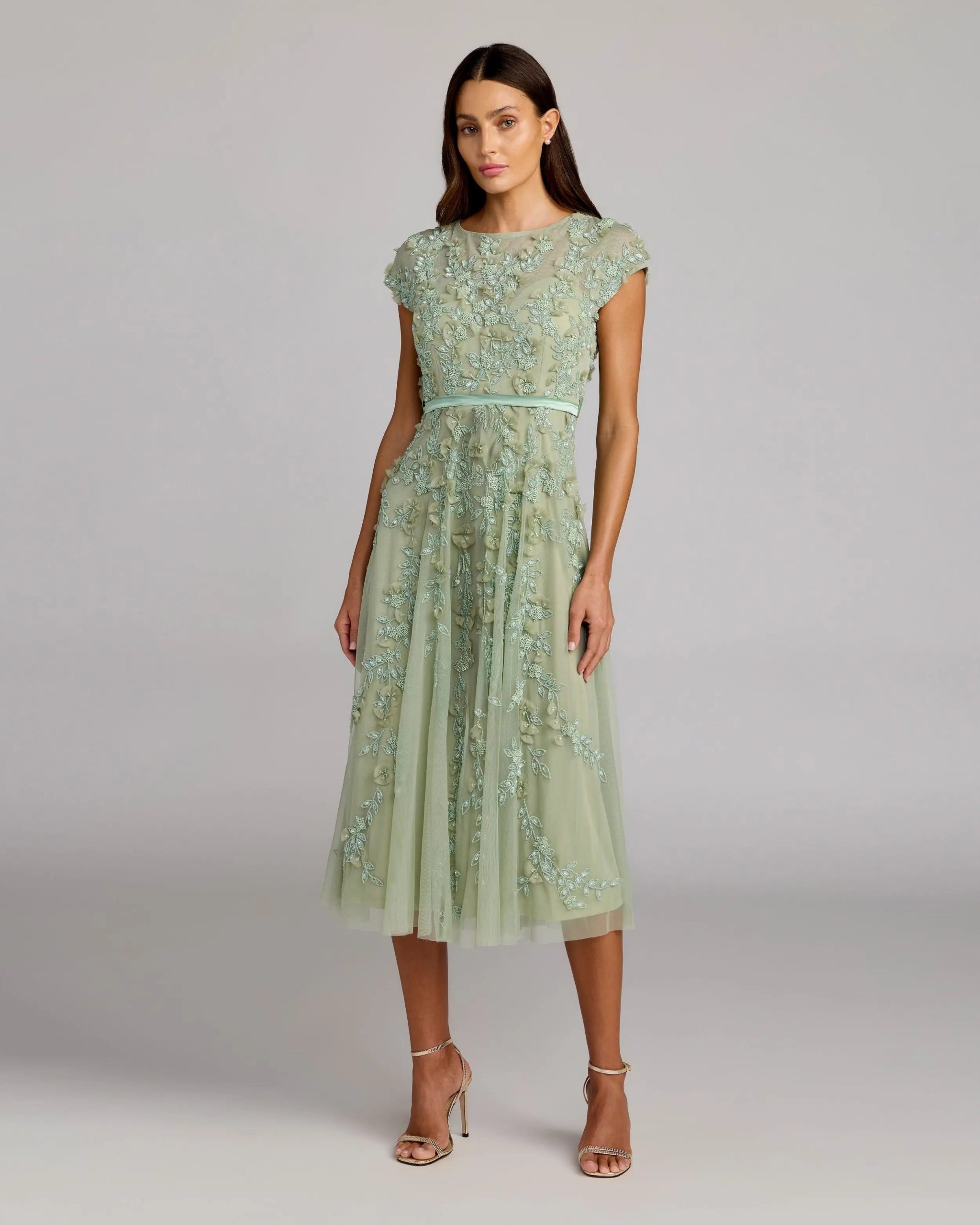Green Floral Embellished Cap Sleeve Midi Dress