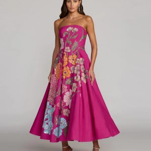 Hot Pink Strapless Floral Embellished Midi Dress