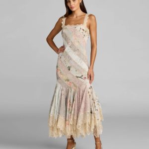 Multicolor Floral Chiffon Midi Dress With Lace Trim