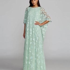 Green Sequin Floral Kaftan Gown