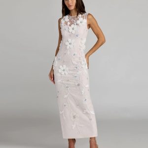 White Sleeveless Embellished Lace Column Dress