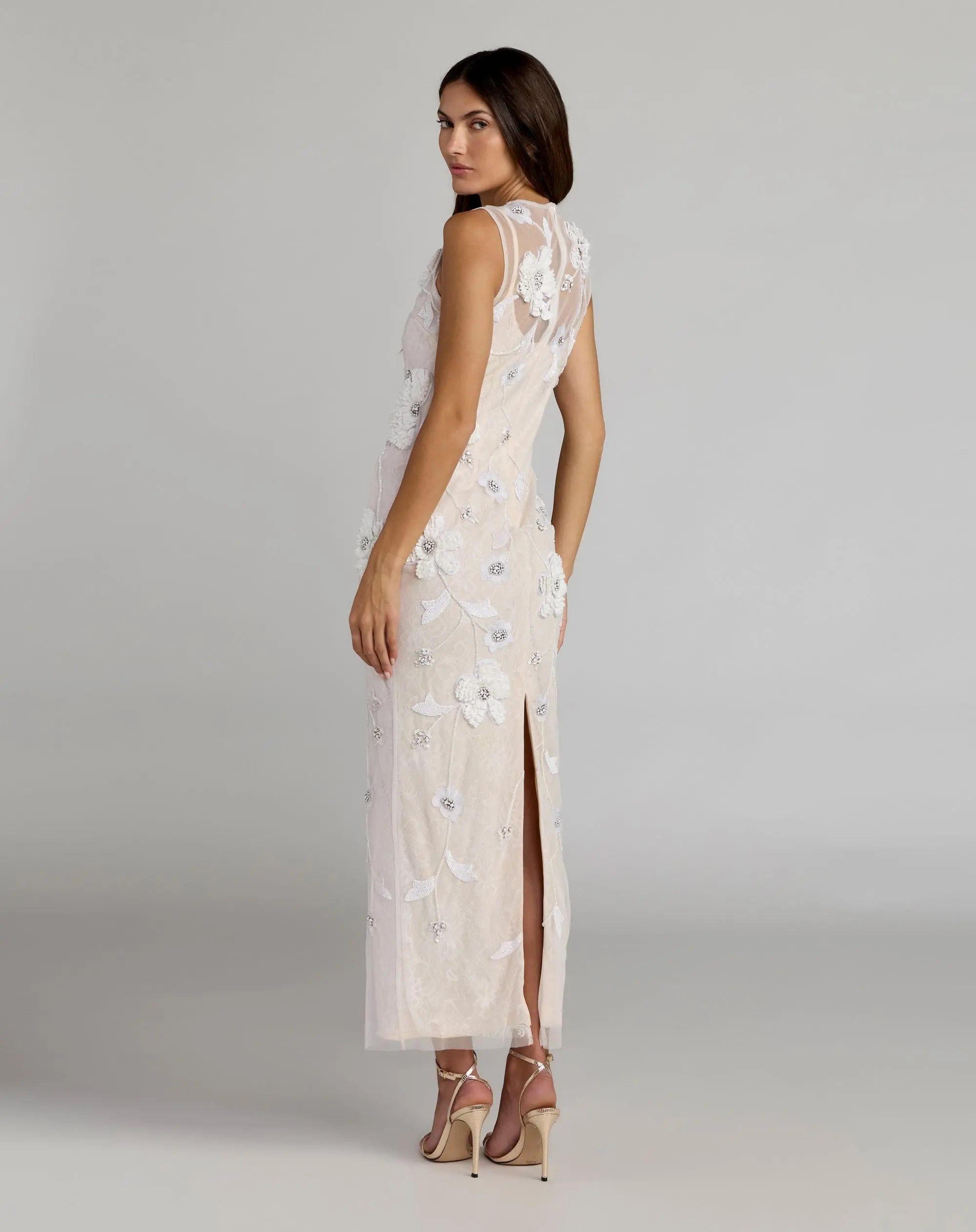White Sleeveless Embellished Lace Column Dress - Image 3