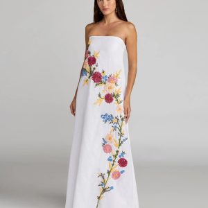 White Strapless Floral Embroidered Linen Gown