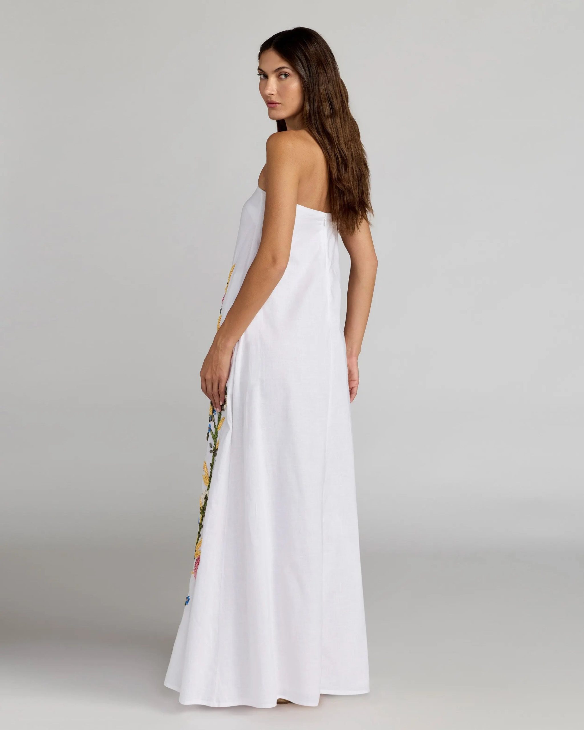 White Strapless Floral Embroidered Linen Gown - Image 4