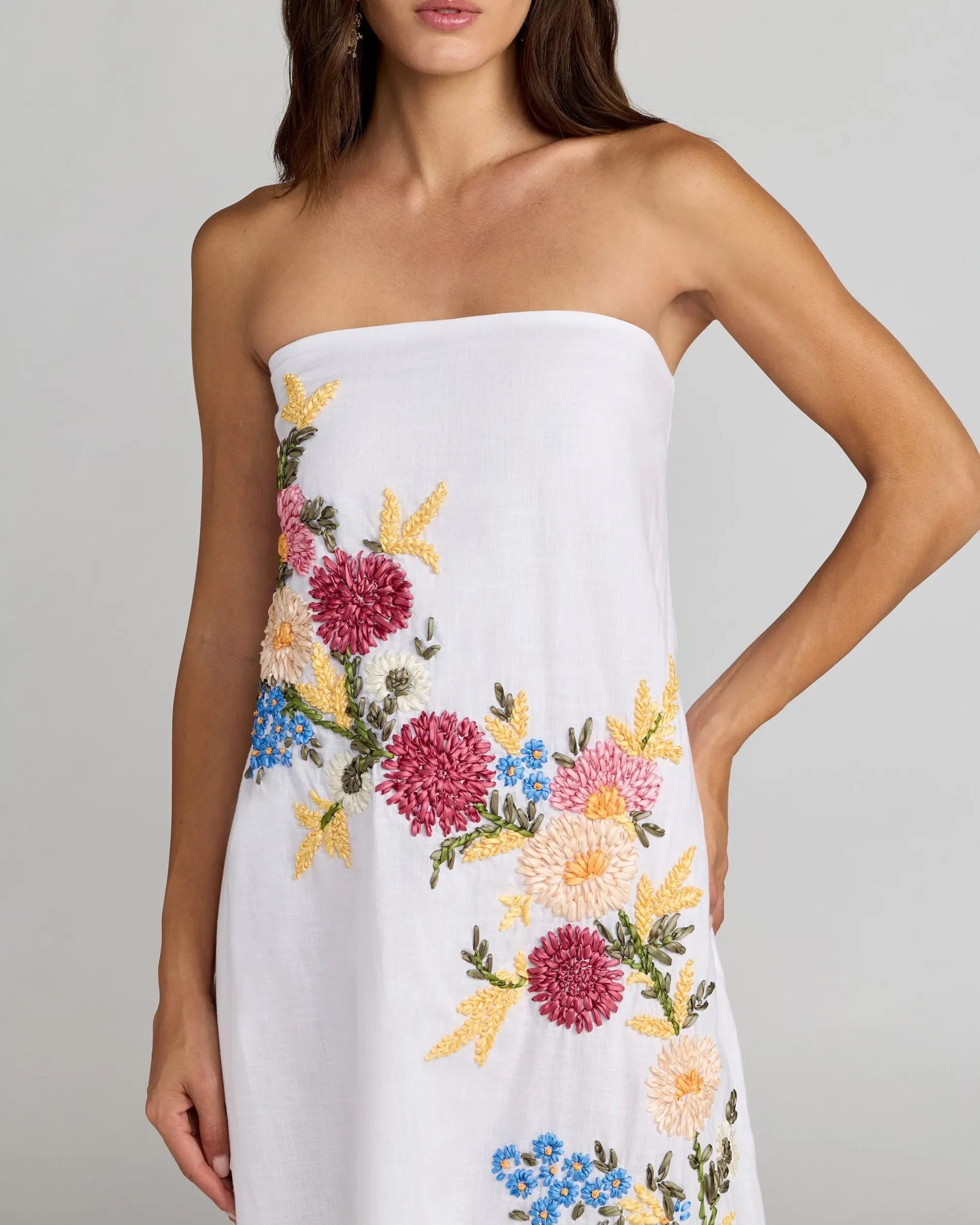 White Strapless Floral Embroidered Linen Gown - Image 2