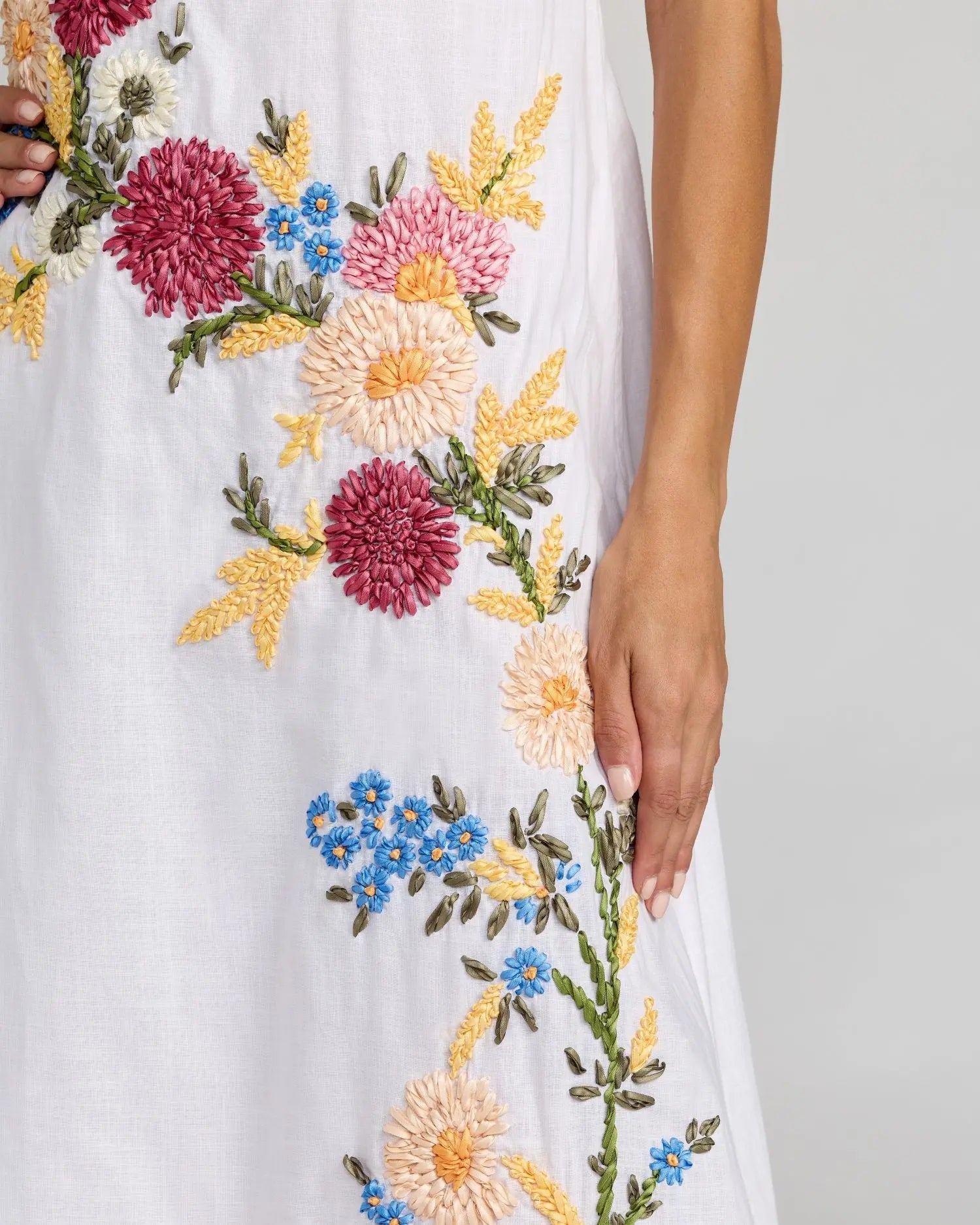 White Strapless Floral Embroidered Linen Gown - Image 3