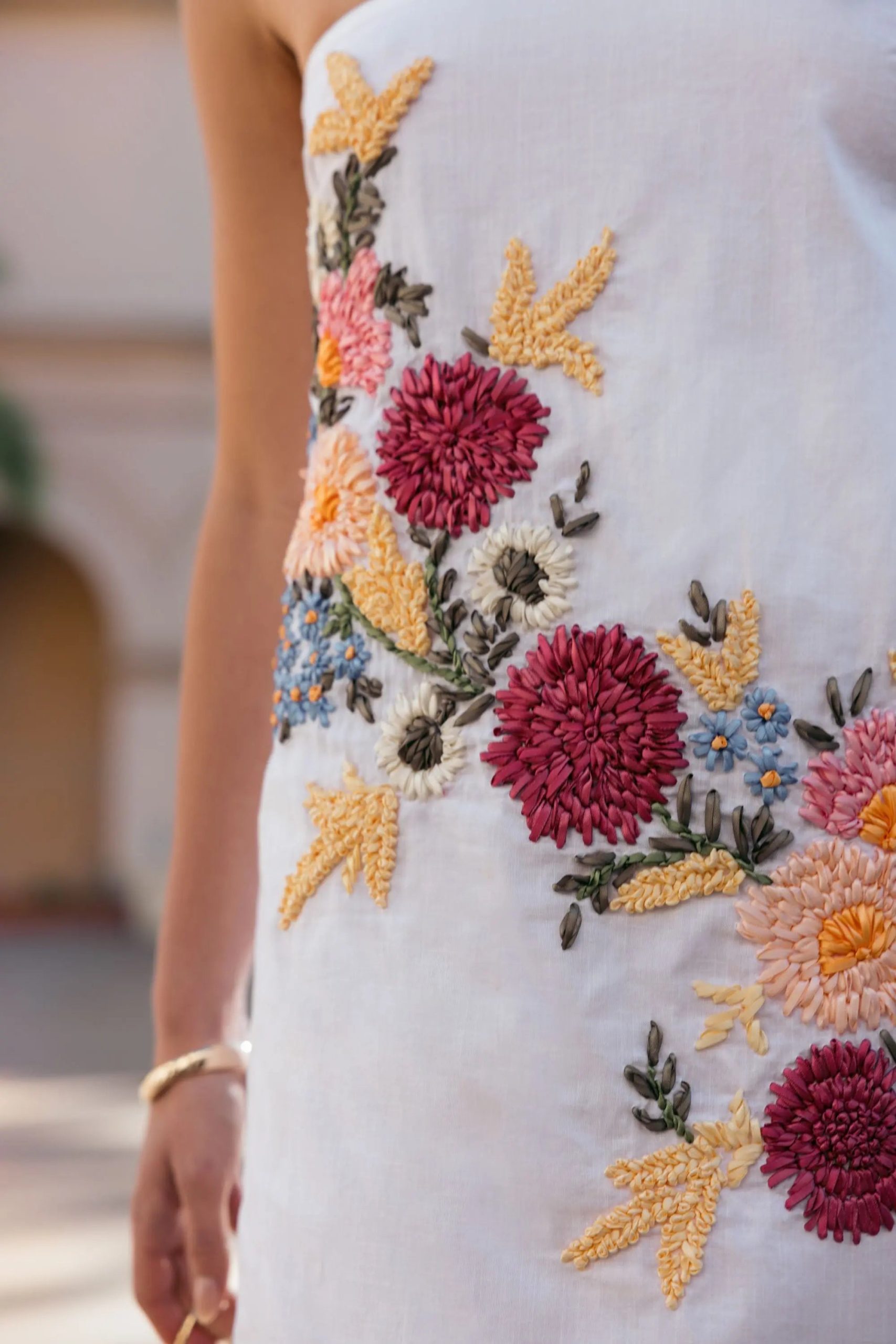 White Strapless Floral Embroidered Linen Gown - Image 6
