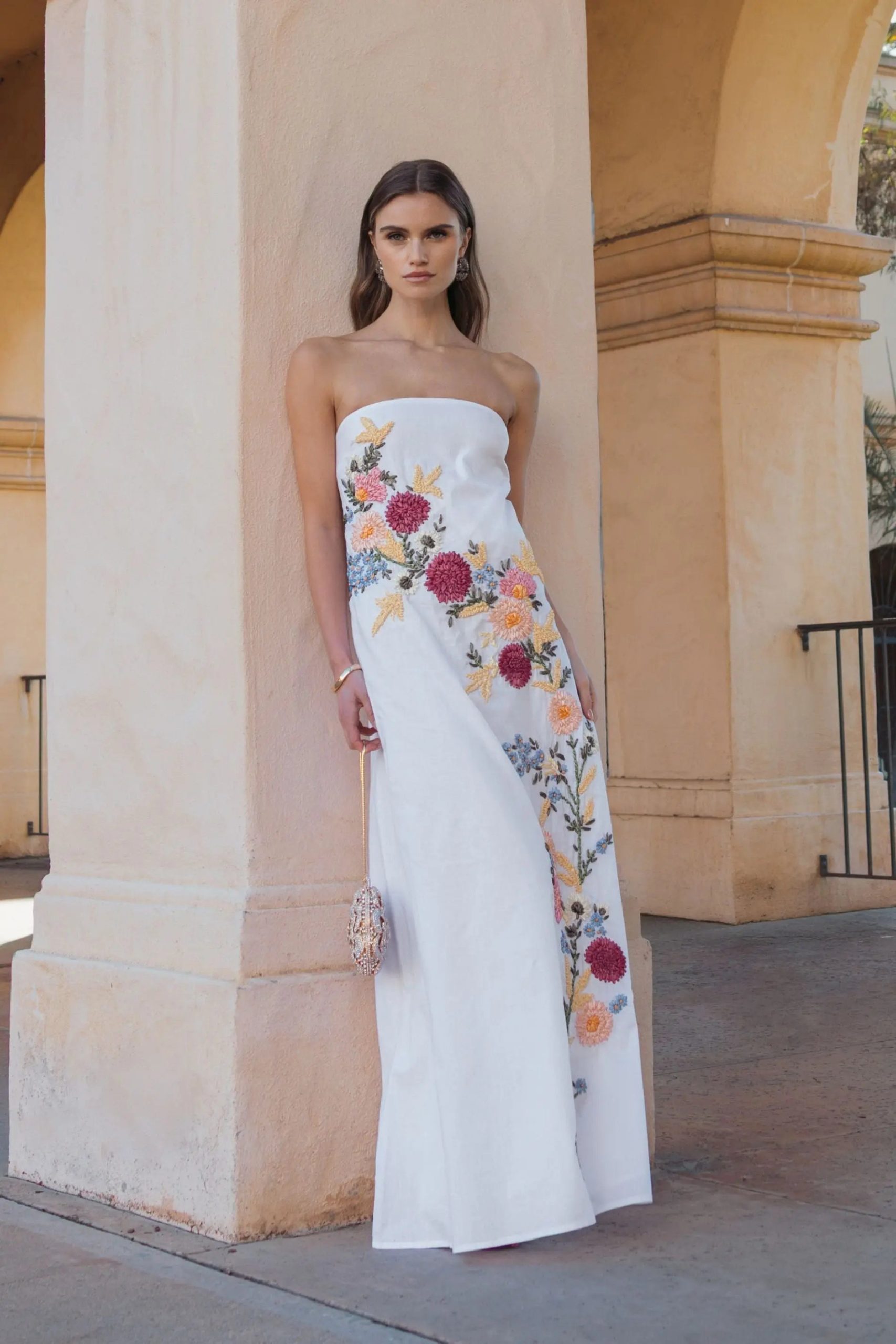 White Strapless Floral Embroidered Linen Gown - Image 5
