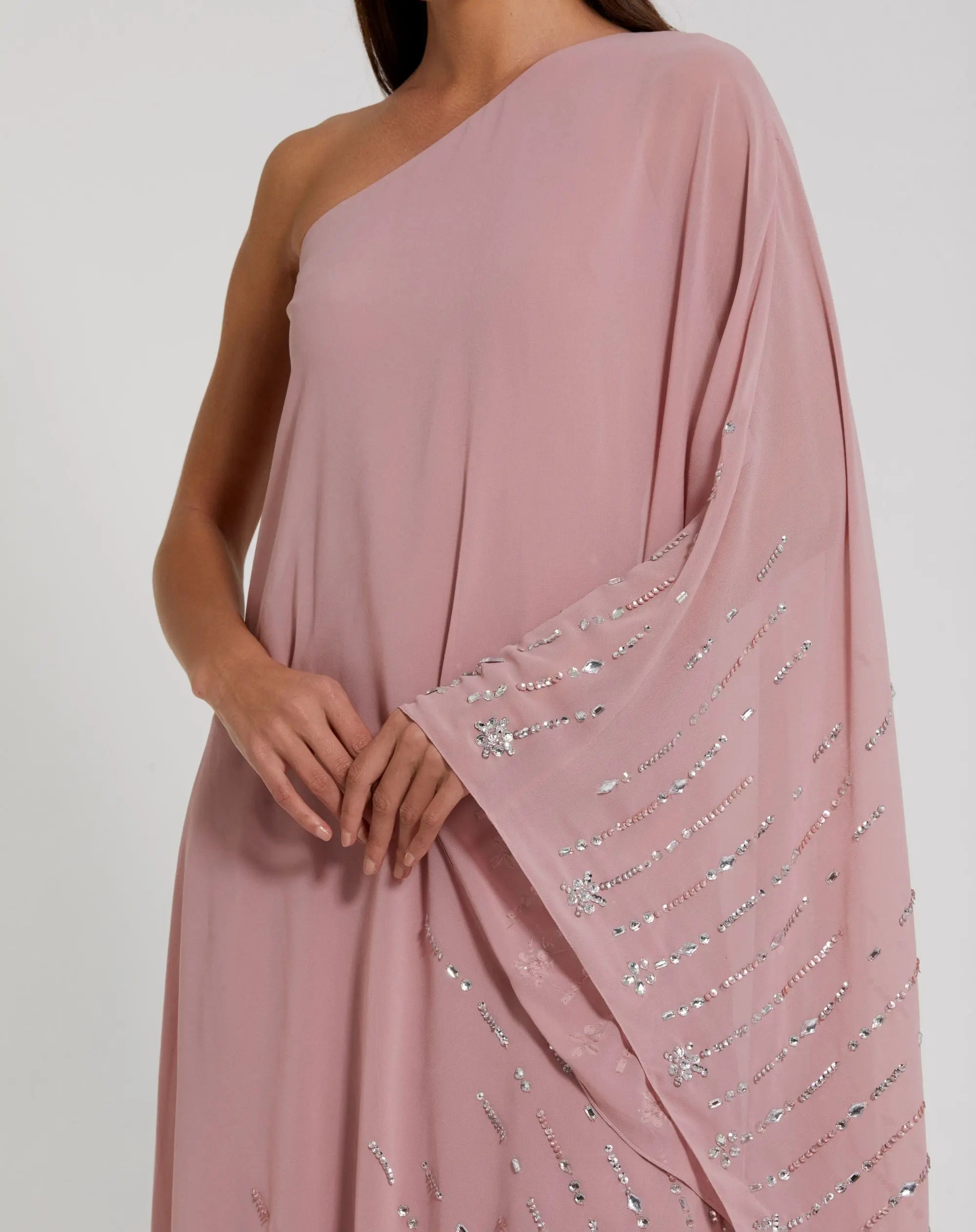 Pink One Shoulder Embellished Trim Kaftan Gown - Image 2
