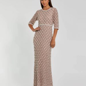 Petite Pink Pearl Embellished 3/4 Sleeve Gown