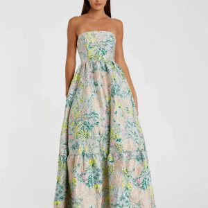 Petite Multicolor Strapless Floral Brocade A-Line Gown