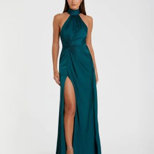 Petite Blue Sleeveless Open Back Satin Gown