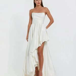 Petite White Strapless Ruched High Low Gown