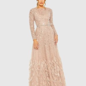 Petite Pink Disc Embellished Sequin Gown with Feather Detail