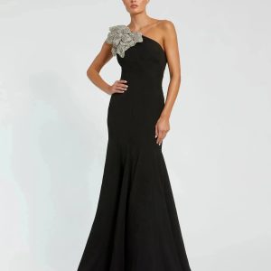 Crepe One Shoulder Gown With Crystal Flower
