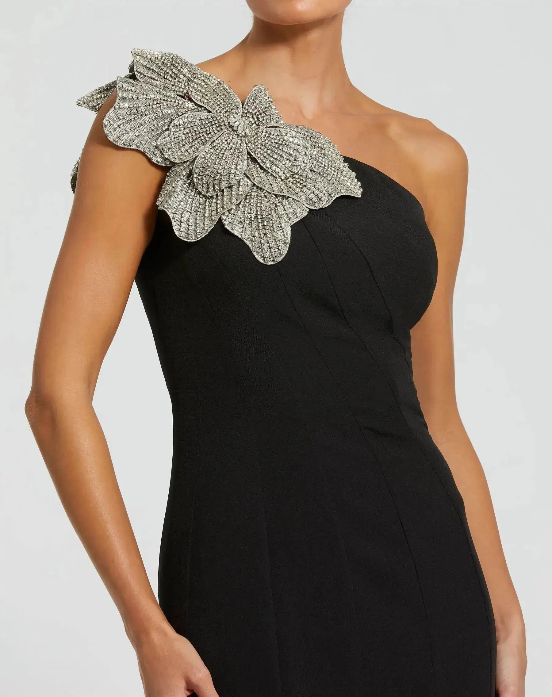 Petite Black Crepe One Shoulder Mermaid Gown With Flower - Image 2