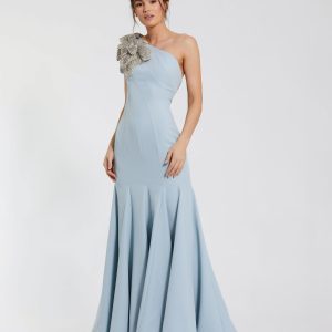 Petite Blue Crepe One Shoulder Mermaid Gown With Flower