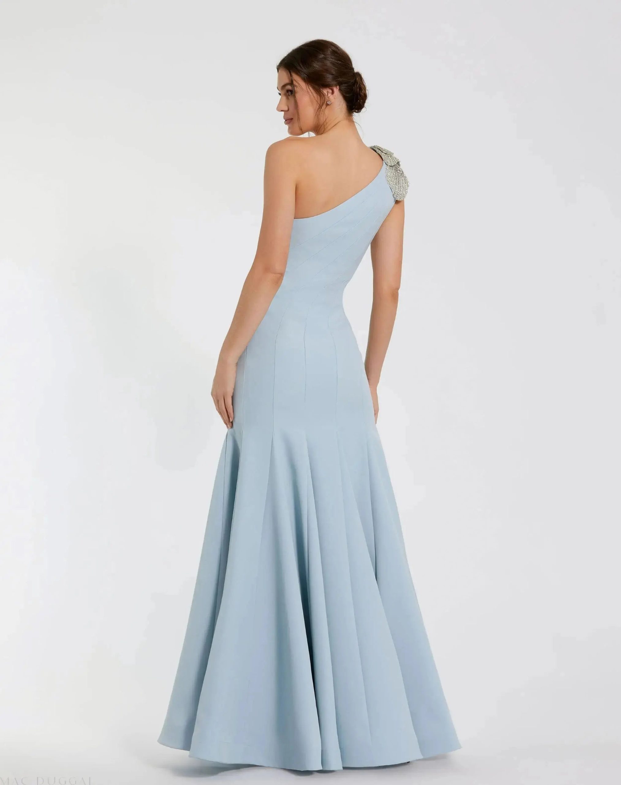 Petite Blue Crepe One Shoulder Mermaid Gown With Flower - Image 3