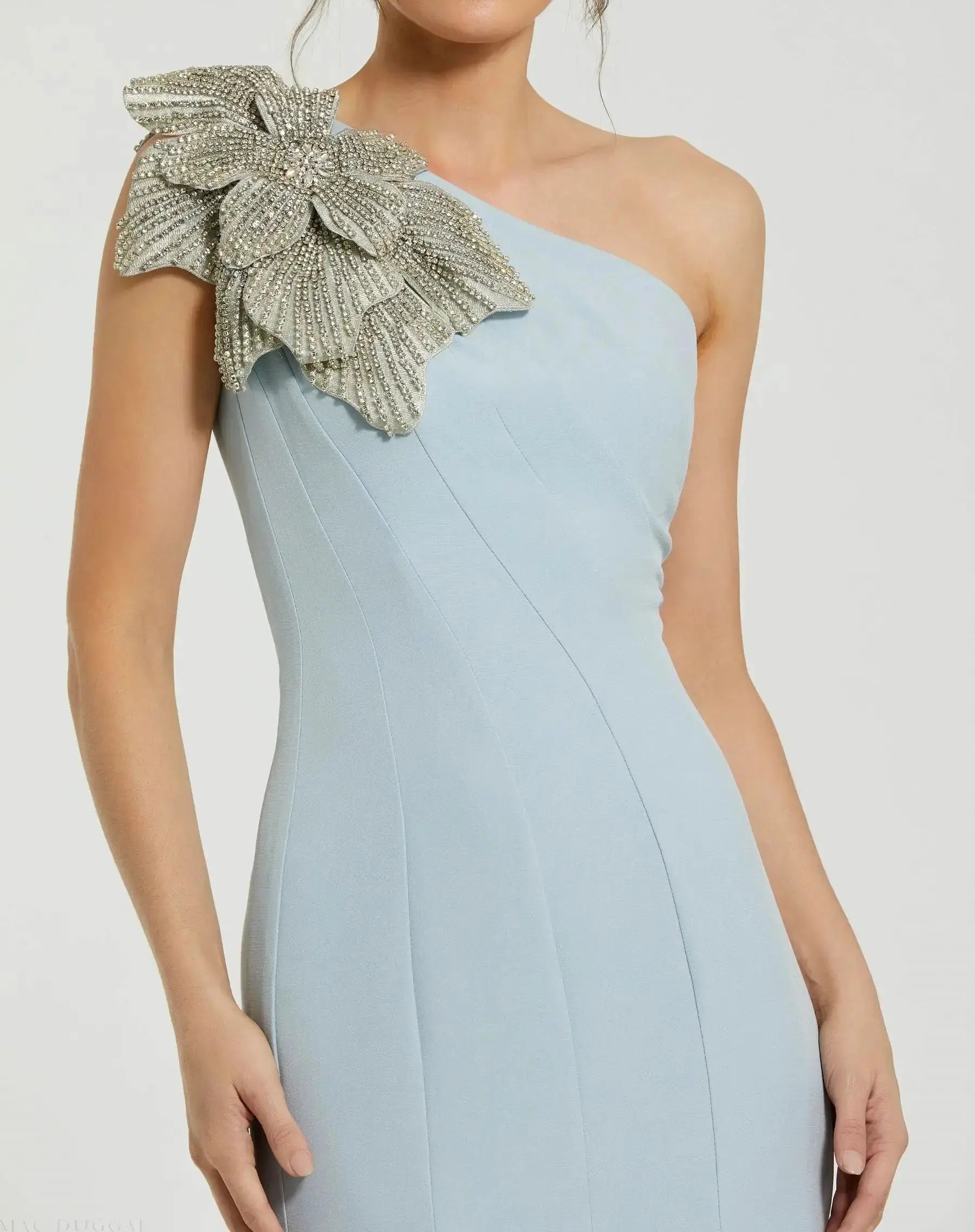 Petite Blue Crepe One Shoulder Mermaid Gown With Flower - Image 2