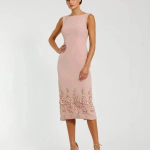 Petite Pink Crepe Sleeveless Midi Dress With Flower Beading