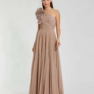 Petite Pink Pleated Metallic One Shoulder Gown With Ruffle