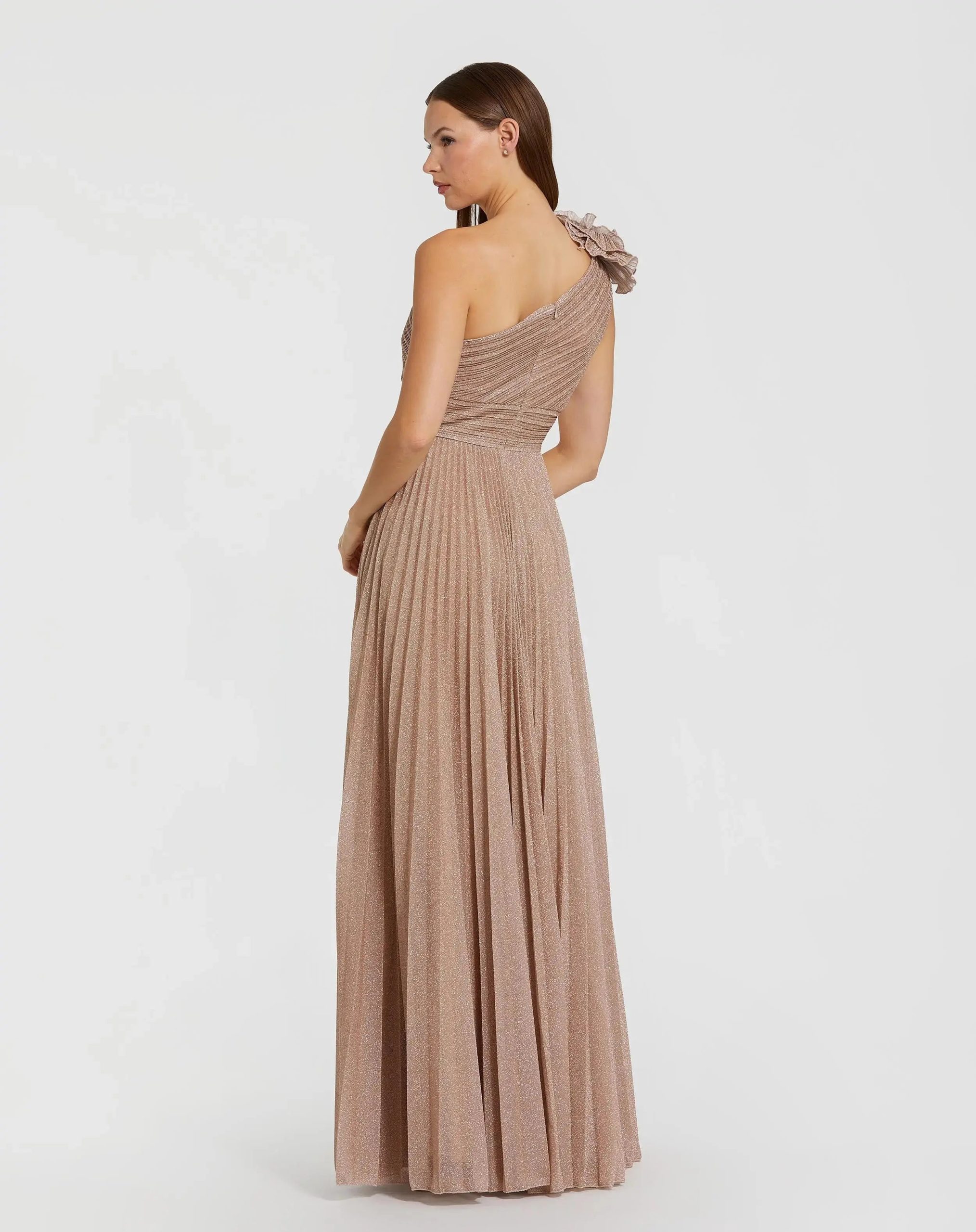 Petite Pink Pleated Metallic One Shoulder Gown With Ruffle - Image 3