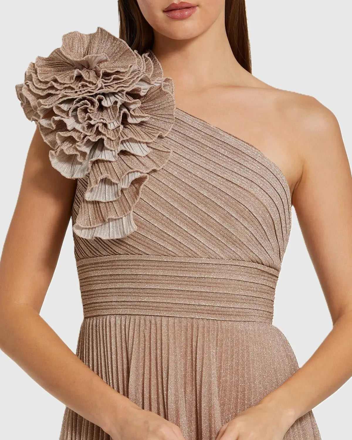 Petite Pink Pleated Metallic One Shoulder Gown With Ruffle - Image 2