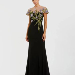 Petite Black High Neck Floral Embroidered Jersey Gown