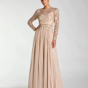 Petite Beige Long Sleeve Chiffon Embellished Gown