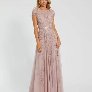 Petite Pink Floral Embellished Cap Sleeve Gown