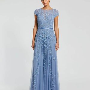 Petite Blue Floral Embellished Cap Sleeve Gown