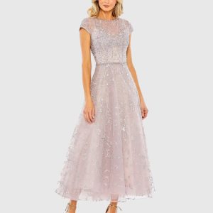 Petite Purple Embellished High Neck Cap Sleeve A Line Dress