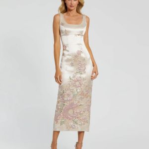Petite Slim Strap Scoop Neck Bustier Brocade Midi Dress