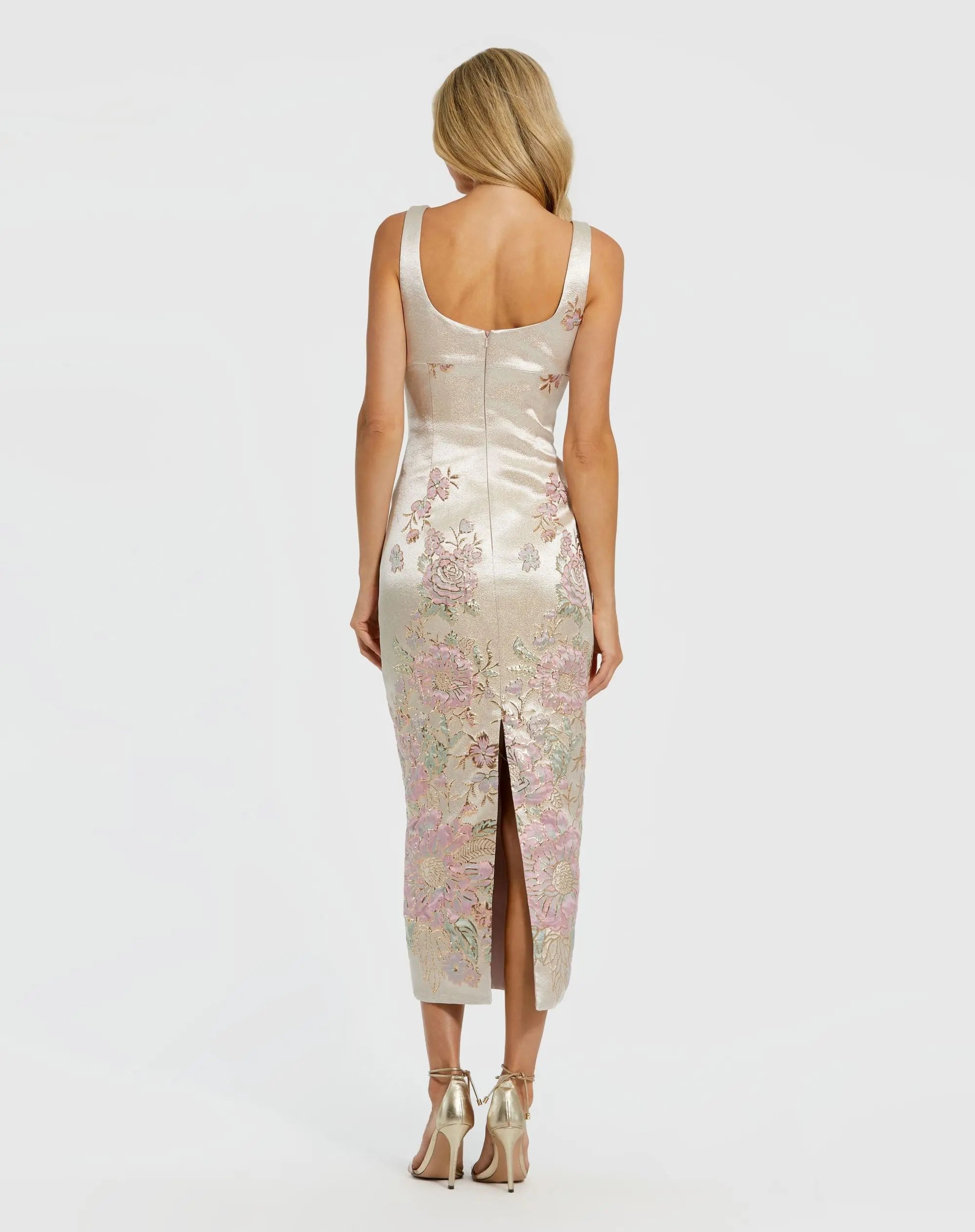 Petite Slim Strap Scoop Neck Bustier Brocade Midi Dress - Image 3
