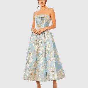 Petite Light Blue Strapless Brocade Midi Dress With Pockets
