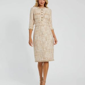 Petite Beige Beaded Trim Boucle Midi Dress with 3/4 Sleeves