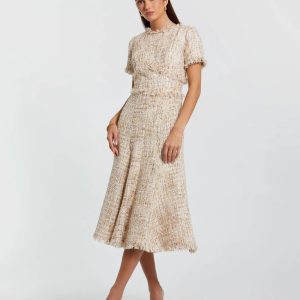 Petite Beige Boucle Short Sleeve A Line Midi Dress