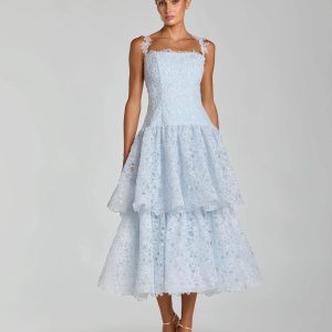 Petite Blue Sleeveless Embroidered Lace Tiered Midi Dress