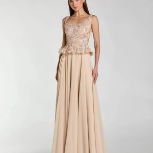 Petite Beige Embroidered Peplum Top With Chiffon Skirt Gown