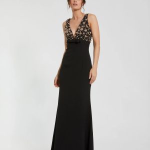 Petite Black Crepe Sleeveless Beaded V Neck Gown With Bow