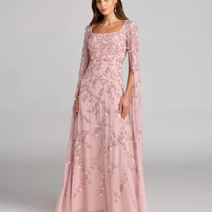 Petite Pink Beaded Square Neck Cape Sleeve Gown