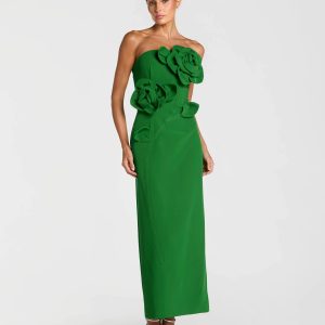Petite Green Strapless Crepe Dress With 3D Flower Detail