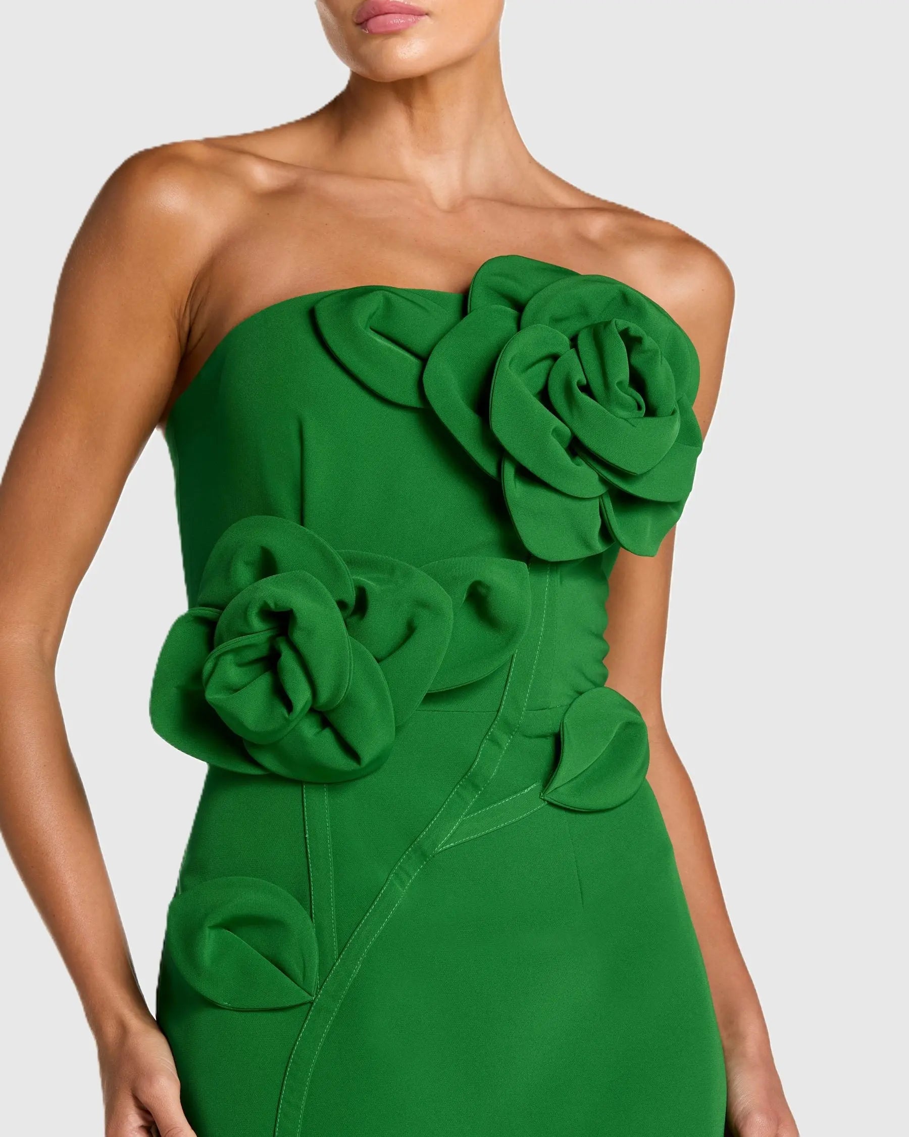 Petite Green Strapless Crepe Dress With 3D Flower Detail - Image 2