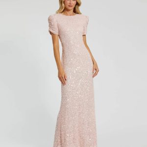 Petite Pink Gathered Short Sleeve Embellished Gown