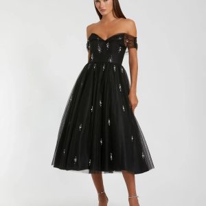 Petite Black Pearl Embellished Off The Shoulder A Line Dress