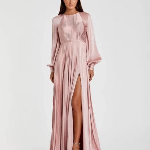 Petite Pink Pleated High Neck Raglan Long Sleeve Side Slit Gown