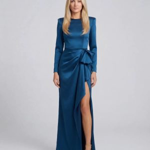 Petite Blue Long Sleeve Satin Structured Bow Draped Column Gown